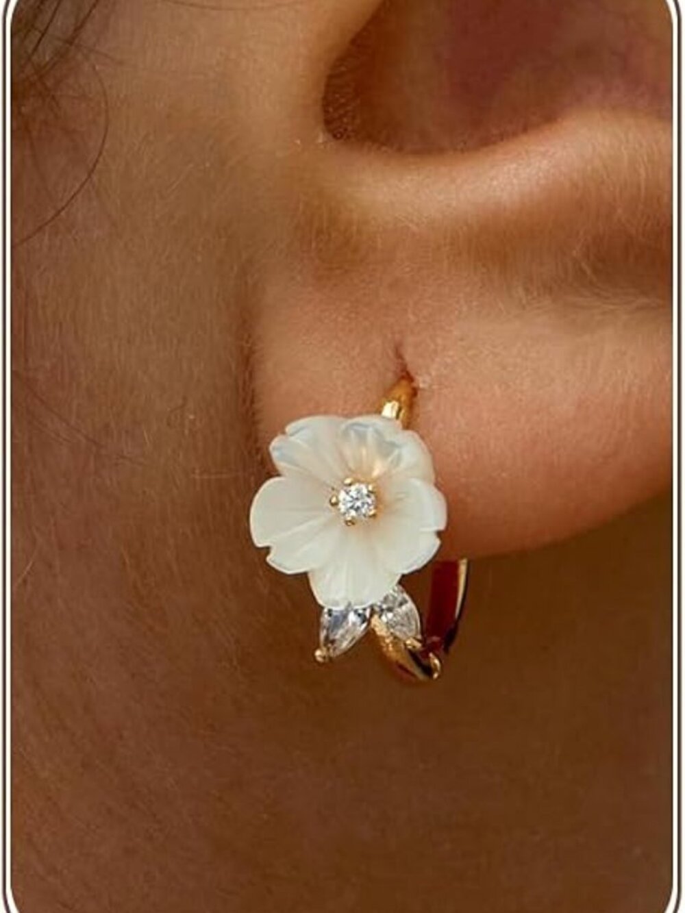 Gold Earings 14k Gold Plated Hoop Pearl CZ Flower Ears Lightweight Hie Hoops